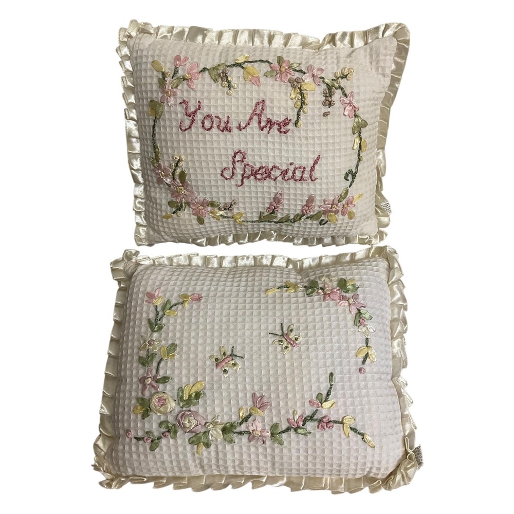 Waffle Weave Floral Ribbon Trim Decorative Throw Pillows Cream 10x7 Cottagecore
